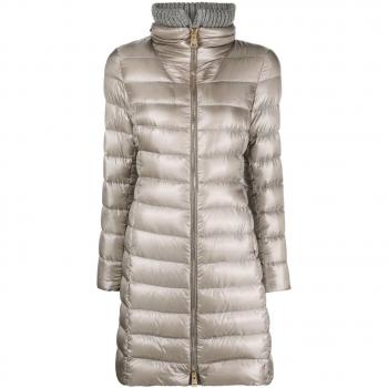 Herno Women's Elisa Midi Down Jacket - Grey, Size 40, PI0650DIC Color M03, Down Coat, Female, Light Grey Padded Coat with Knitted Collar
