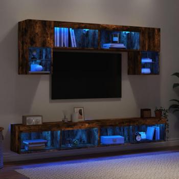 Mueble de TV de Pared 6 Piezas con LED en Madera Ingenierada Roble Ahumado