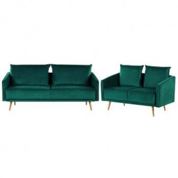 Conjunto de Sofás Tapizados en Terciopelo Verde Esmeralda 5 Plazas con Respaldo Acolchado, Asiento de Metal y Patas Doradas Estilo Retro Glam Maura