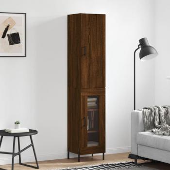 Aparador alto de madera contrachapada en color roble marrón, dimensiones 34,5x34x180 cm, con 1 puerta de cristal, diseñado como mueble de almacenaje para salón, buffet y armario auxiliar