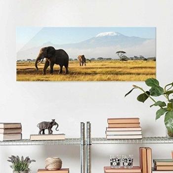 Cuadro de cristal - Elephants before Kilimanjaro in Kenya - Panorama Apaisado, mural acristalado, mural de pared, decoración para pared, decoración, cristal, impresión en cristal, mural de pared de cristal, fotomural de cristal, impresión s, Tamaño: 