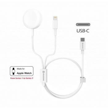 Cable de Carga Magnético 3 en 1 con Lightning, USB-C y Conector para Apple Watch, Power Delivery Compatible, Longitud de 1m/1.2m - Blanco