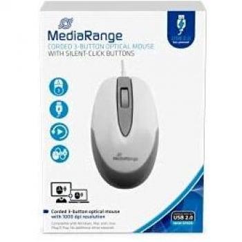 Ratón óptico con cable Mediarange MROS214, 3 botones, 1000 DPI, color blanco y gris