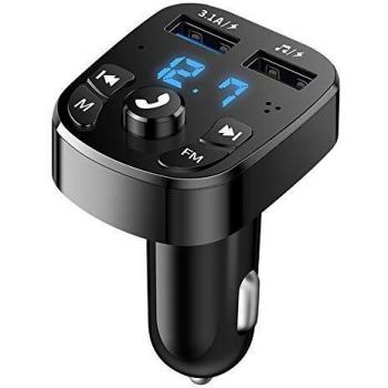 Transmisor FM Bluetooth V5.0 Coche Manos Libres Carga Rapida 3.1A, Manos Libres Inalámbrico Reproductor MP3 Música Mechero Coche Adaptador Radio con Dual USB Soporte Tarjetas SD + U Disk