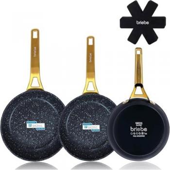 Set de 3 Sartenes Antiadherentes Briebe Gold Titanium Inducción 18-20-24cm, Aluminio Forjado, Recubrimiento sin PFOA, Mango Profesional Acero Inoxidable