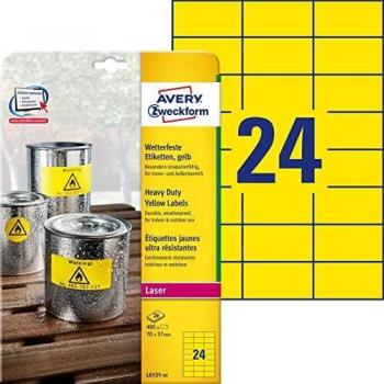 Etiquetas de poliéster impermeables amarillas Avery, 70 x 37 mm, paquete de 480 unidades, adhesivo permanente para impresoras láser