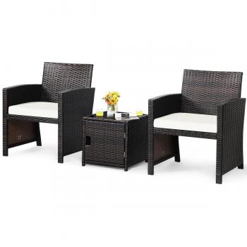 3-Piece Patio PE Rattan Conversation Bistro Furniture Set with Waterproof Covers