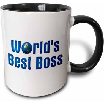 Mensuk Blue Text Worlds Best Boss with Globe on White Background Two Tone Black Mug, 11 oz, Black/White