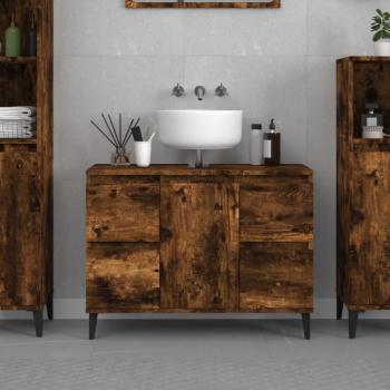 Armario de lavabo de madera contrachapada roble ahumado 80x33x60 cm