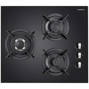 Corberó CPCGV313NCI Encimera Cristal Gas, 3 Zonas, Ancho 60 Cms, Gas Butano, Parrilla de Hierro Fundido y Cristal Templado Negro, Quemador Wok
