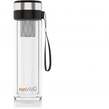 bonVIVO Botella para Te y Infusiones de Vidrio - Tetera con Filtro Infusor en Acero Inoxidable - Termo Portatil con Barrera Aislante Doble, 450 ml