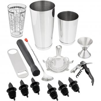Tiger Chef 15-Piece Professional Stainless Steel Boston Shaker Home Bar Set and Cocktail Making Set - Includes Bar Tools with 16-Ounce Mixing Glass with Imprinted Recipes by Tiger Chef