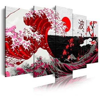 DekoArte - Cuadros Modernos Impresión de Imagen Artística Digitalizada | Lienzo Decorativo Abstracto La Gran Ola De Kanagawa Rojo | 5 Piezas 150x80cm