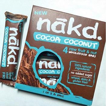 Nakd barras cacao Nuez de coco – sin gluten, sin lactosa, cruda Certificado Paleo, Vegano | 4 barritas energéticas | Nakd
