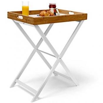 Bandeja Plegable con Patas de Bambú y Madera, 72x60x40 cm, Mesita Auxiliar para Desayuno en Cama, Blanco