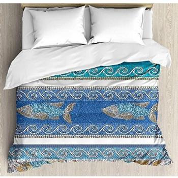 Juego de sábanas Mosaic de 3 piezas Juego de funda nórdica, estilo antiguo inspirado en cerámica con diseño de pez fractal marino, 3 piezas Juego de funda de edredón / Qulit con 2 fundas de almohada,