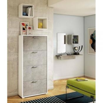 Zapatero Rosa DMORA, Mueble de entrada polivalente con 4 puertas abatibles, Doble profundidad, 100% Made in Italy, 67x28x147 cm, Blanco y Cemento