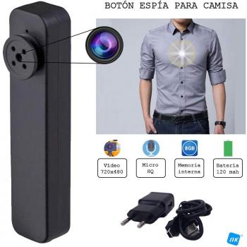 Cámara espía para Camisa/Chaqueta NK - Mini Videocámara Espía Oculta, 720x480 Cámara de Vigilancia Portátil, Cámara de Seguridad Micro - 8GB Integrados Vídeo/Foto - Color Negro