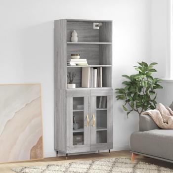 Aparador alto de madera contrachapada gris sonoma 69,5x34x180 cm con 2 puertas de cristal, mueble de almacenaje de salón, buffet para salón, armario auxiliar y armario de almacenamiento