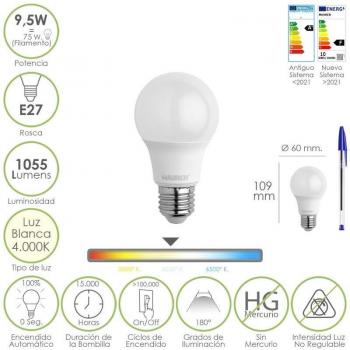 Bombilla LED Estandar Rosca E27 9.5W 75W Equivalente 1055 Lúmenes Luz Neutra 4000K