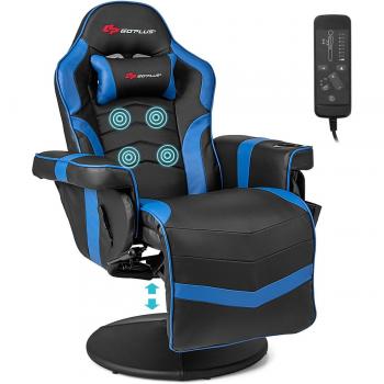 Massage Gaming Recliner Chair with Adjustable Height, Blue - Features include racing swivel design, built-in massage function, height adjustability, and cup holder