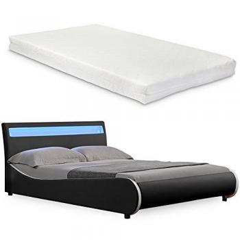 Cama Doble Moderna 'Valencia' de Cuero Sintético con Colchón (140x200cm) y Iluminación LED - Negro