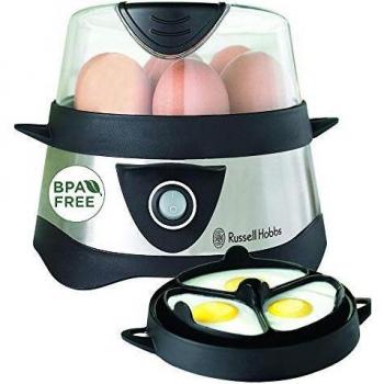 Russell Hobbs Cocedor de Huevos Cook@Home - Capacidad para Hervir 7 Huevos y Pochar 3 Huevos, Apagado Automático, Incluye Recipiente Medidor, Tapa Plástico, Acero Inoxidable - 14048-56