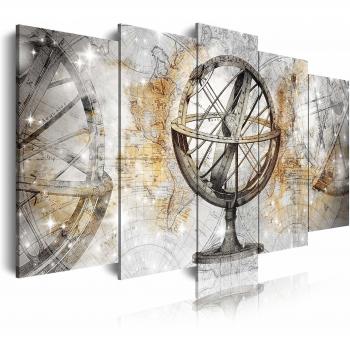 DekoArte 452 - Cuadros Modernos Impresión de Imagen Artística Digitalizada | Lienzo Decorativo para Salón o Dormitorio | Estilo Mapamundi Mapa del Mundo con Bola del Mundo Dorados | 5 Piezas 150x80cm