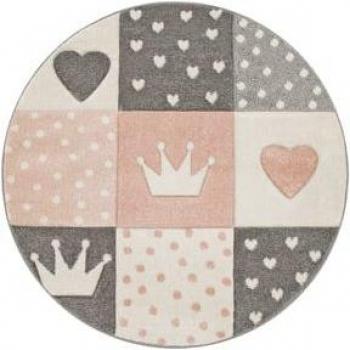Alfombra Infantil Redonda Cuadros Puntos Corazones Estrellas Blanco Gris Rosa ø 200 cm
