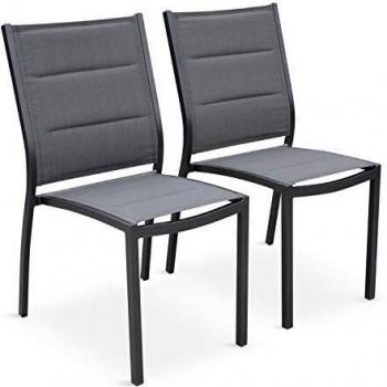 Conjunto de 2 sillas apilables de jardín Chicago en aluminio antracita y textilene gris oscuro, dimensiones 47x57x89.5 cm