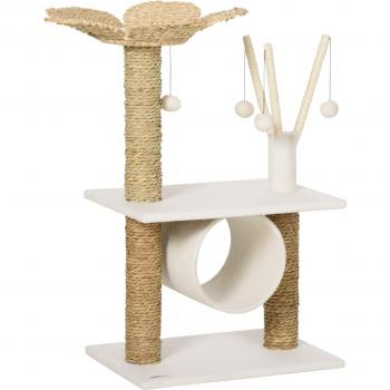 ?rbol Rascador para Gatos con Túnel y Bolas Colgantes - Blanco y Marrón