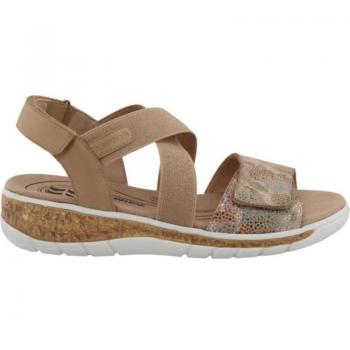 Cómoda sandalia mujer de ROMIKA 74R0262005 en suave tejido beig con ajuste de velcro y tiras cruzadas elásticas, planta acolchada, cuña ligera antideslizante, altura tacón bajo (