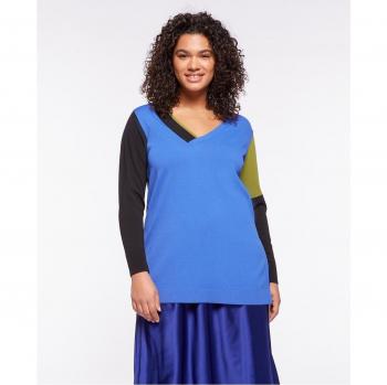 Jersey de mujer colour block con diseño de bloques de color y escote en pico.