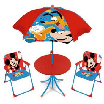 Conjunto de jardín metálico exterior con 2 sillas, mesa de 50x50x48cm y sombrilla de diámetro 110cm, diseño Mickey Mouse
