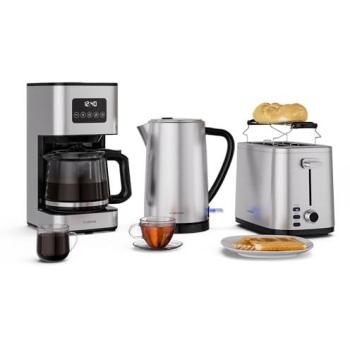 Klarstein Verosteel Set de Desayuno Acero Inoxidable: Tostadora 2 Rebanadas, Hervidor Eléctrico 1.7L, Cafetera Filtrante 12 Tazas