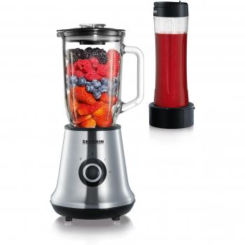 SEVERIN SM 3737 Batidora de Vaso Smoothie Mix & Go, Incluye Recipiente de 1L y Vaso con Tapa de 600ml, Potencia de 500W, en Acero Inoxidable y Color Negro