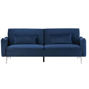 Sofá Convertible de 3 Plazas en Terciopelo Azul Betty - Diseño Contemporáneo, Cómodo y Ajustable, Patas de Metal Plateado