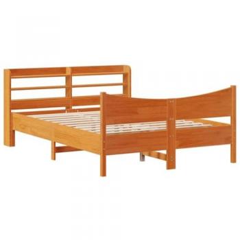 Estructura de cama con cabecero de madera de pino macizo en color marrón cera, dimensiones 120x200 cm
