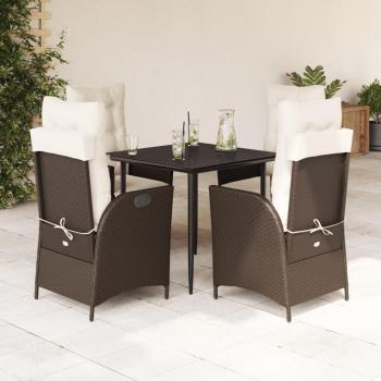5-Piece Brown Poly Rattan Garden Dining Set with Cushions