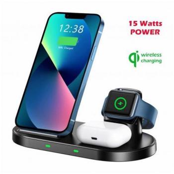 Swissten 3-in-1 Charging Station for iPhone, AirPods and Apple Watch, 15W Fast Charger Dock with USB Output - Black