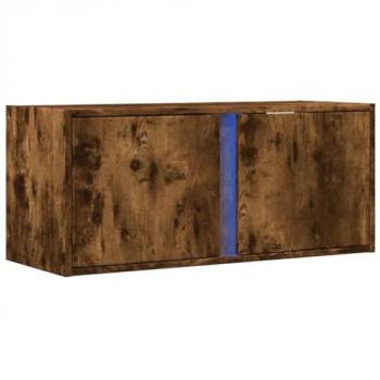 Mueble de TV de pared con luces LED roble ahumado 80x31x35 cm, soporte de TV flotante, acabado en marrón