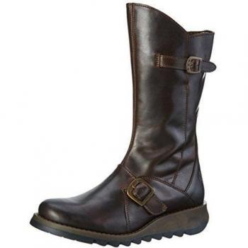 FLY LONDON Mes II Dark Brown Leather Low Wedge Calf Boots Size: 37, Co - female