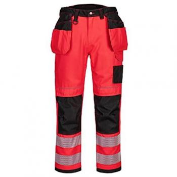 Pantalones de Trabajo Portwest PW3 Alta Visibilidad con Bolsillos Holster Rojo/Negro Talla 46 31