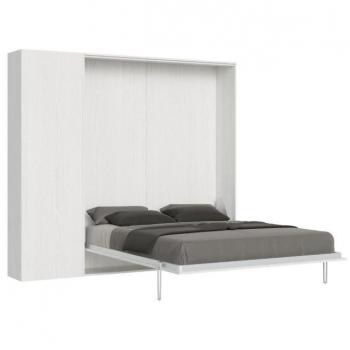 Cama abatible doble Kentaro 160 vertical con mueble efecto madera fresno blanco, columna izquierda-derecha
