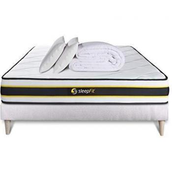 Pack Completo de Descanso 140x190 cm con Colchón Flexy, Somier Blanco, 2 Almohadas de Memoria (60x40 cm) y Edredón Percale (240x220 cm) - Con