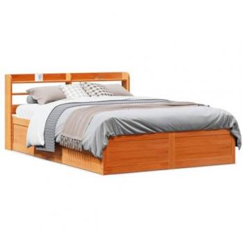 Estructura cama con cabecero de madera de pino marrón cera 160x200 cm
