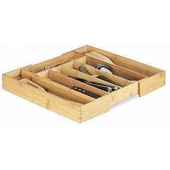 Organizador de Cubiertos de Bambú, Extraíble, Ancho Ajustable, 5 a 7 Compartimentos, 5x40x35 cm, Natural/Blanco