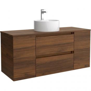 Mueble de baño Bequia con encimera y lavabo, 120 cm, 2 coquetas, 1 puerta, acabado en nogal