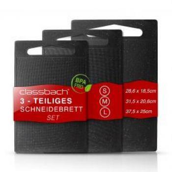 Juego de 3 tablas de cortar de cocina en plástico negro, libre de BPA, aptas para lavavajillas, con ranura para jugo - Classbach C-SB 4012 K