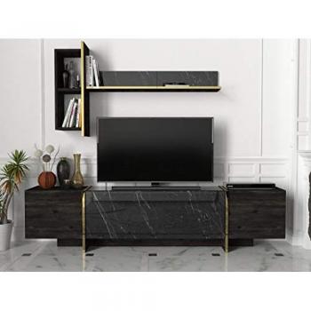 Conjunto de TV CADEBA II con compartimentos - Efecto mármol negro, natural oscuro y dorado